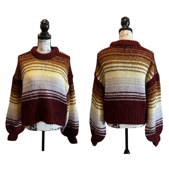 ZARA Wool Alpaca Chunky Knit Pullover Striped Sweater Burgundy Size Medium NWOT - Picture 11 of 11